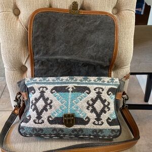 Myra Bag EUC Aztec Western Women’s Soft Purse with Adjustable Strap Blue & Grey